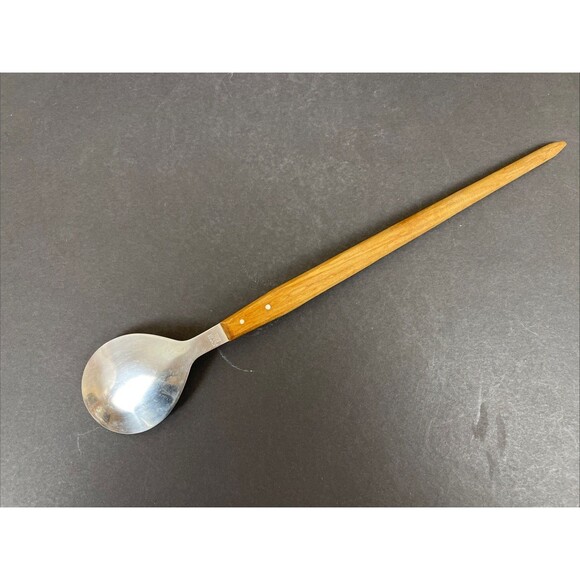 Vintage MCM Wooden Handle Serving Salad Spoon 13” Long Stainless Steel - Picture 4 of 6